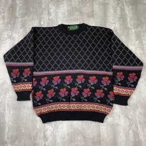 Vintage Tulchan Sweater Womens Large Black Floral Wool Pullover Long Sleeve